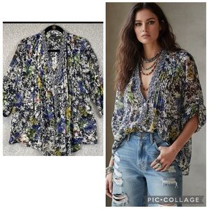 Elizabeth & James silk cardigan blouse S floral single button roll tabs pin tuck